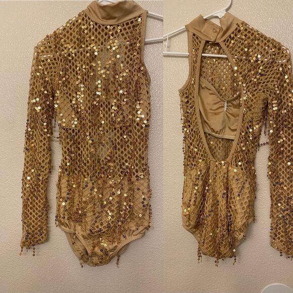 Kelle solo dance jazz acro costume gold fishnet fringe leotare SA-Small adult - Picture 2 of 12